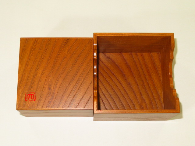 大橋利一作銘入茶神代欅本捻組格子将棋駒箱/新品オリジナル箱付（KH284 